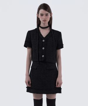 Fringed Tweed String Half-Sleeve Jacket - Tweed Black
