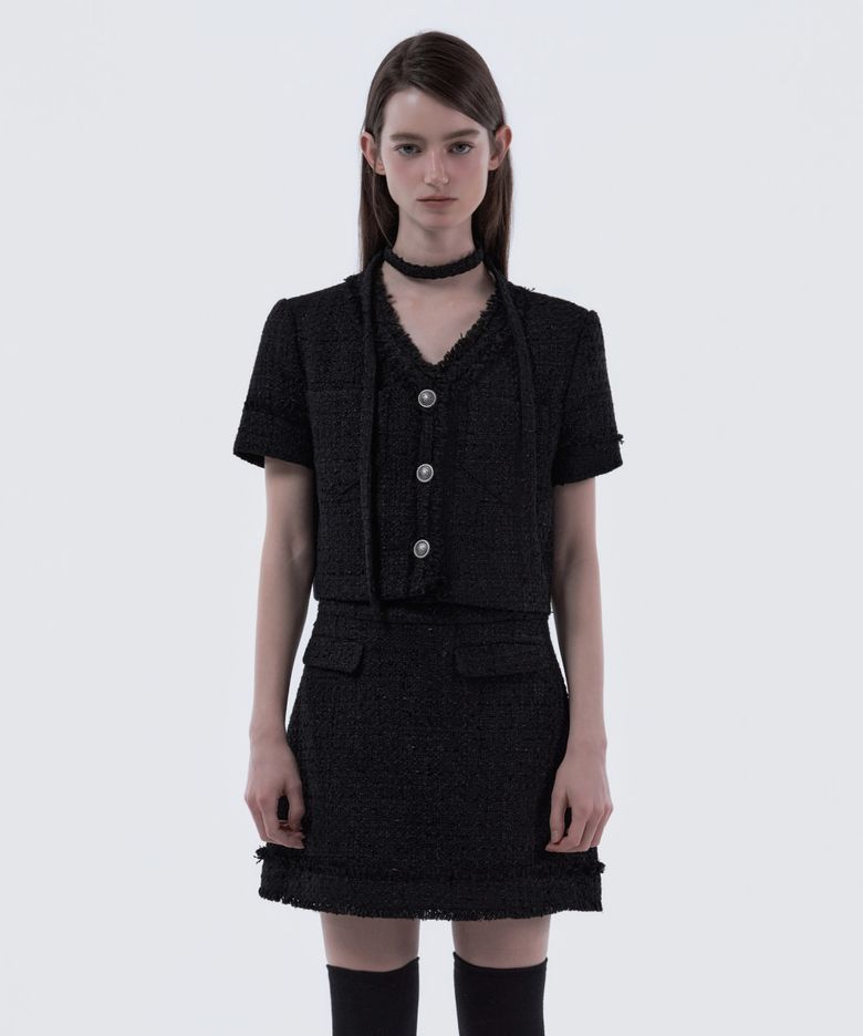 Fringed Tweed String Half-Sleeve Jacket - Tweed Black