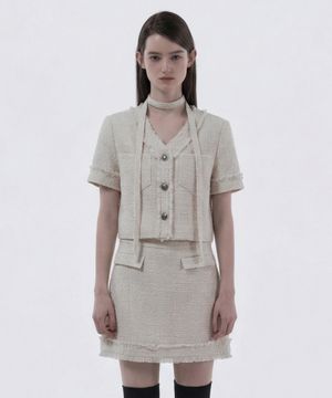 Fringed Tweed String Half-Sleeve Jacket - Tweed Ivory