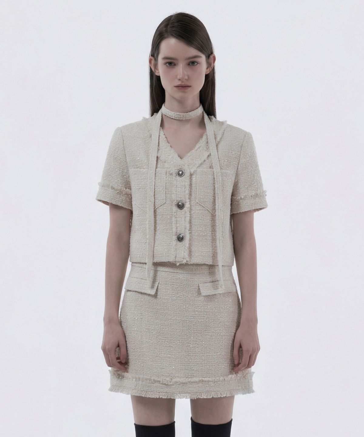 마우솔레움(MAU SOLEUM) Fringed Tweed String Half-Sleeve Jacket - Tweed Ivory
