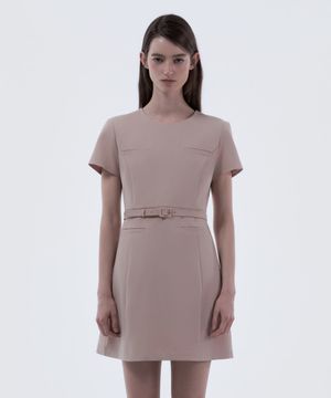 Belted Round Neck Suit Dress - Pink
