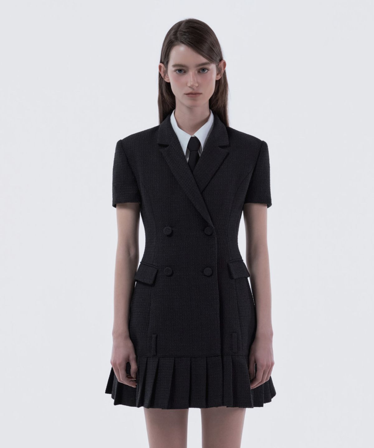 마우솔레움(MAU SOLEUM) Jenn Pleated Half-Sleeve Suit Jacket Dress - Tweed Black