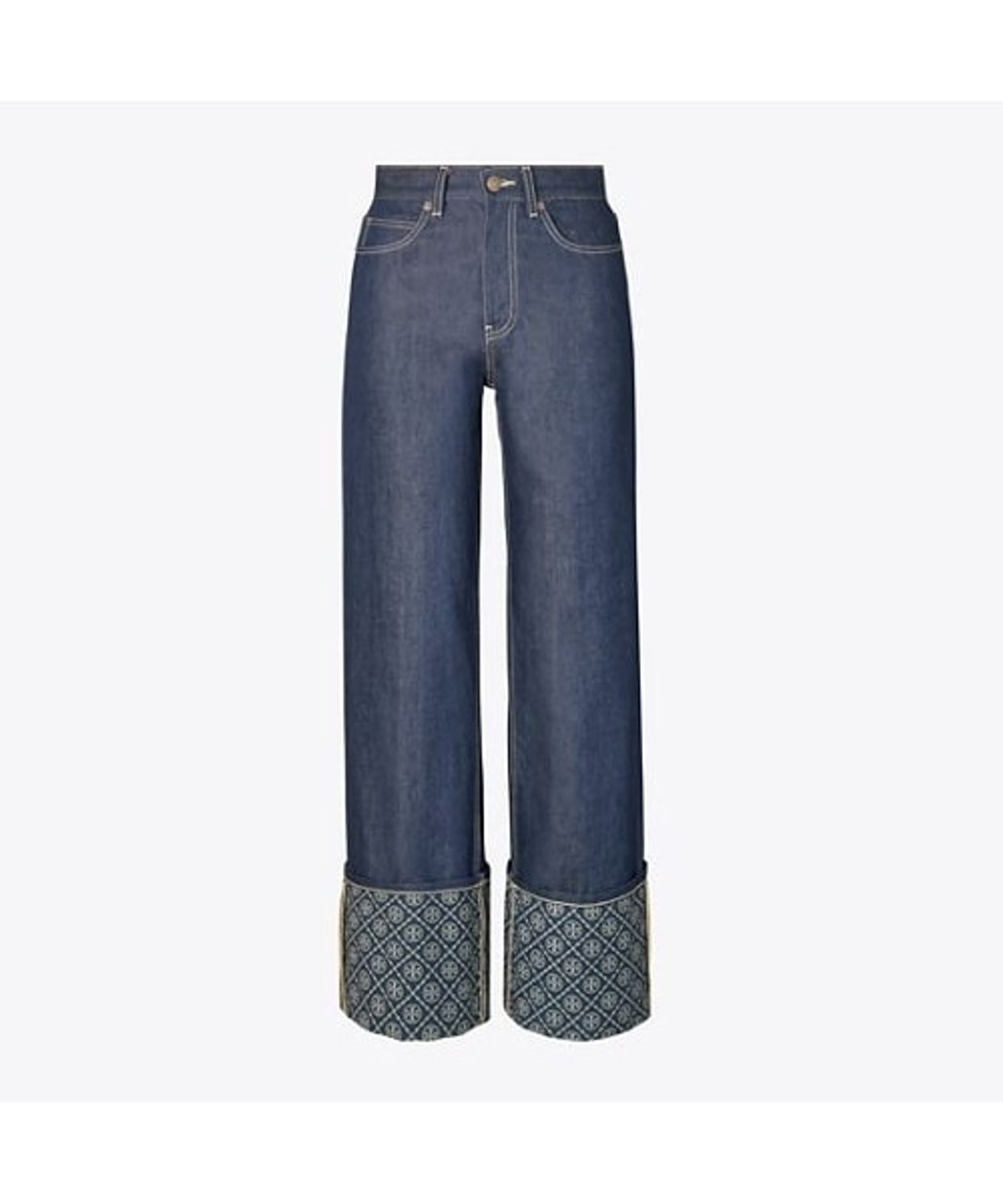 토리버치(TORYBURCH) 콘트라스트 커프 스트레이트 레그 진 - 로우 / 언워시드
