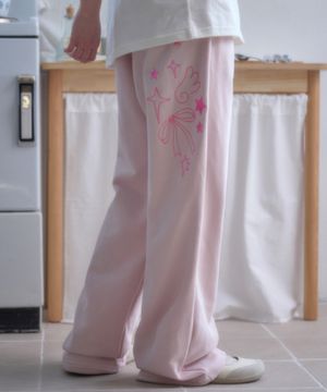 Angel And Ribbon 자수 핀턱 2-Way 와이드 트레이닝 스웨트 팬츠 AP1002 (핑크)