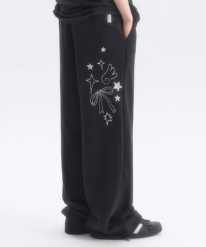Angel And Ribbon 자수 핀턱 2-Way 와이드 트레이닝 스웨트 팬츠 AP1002 (블랙)