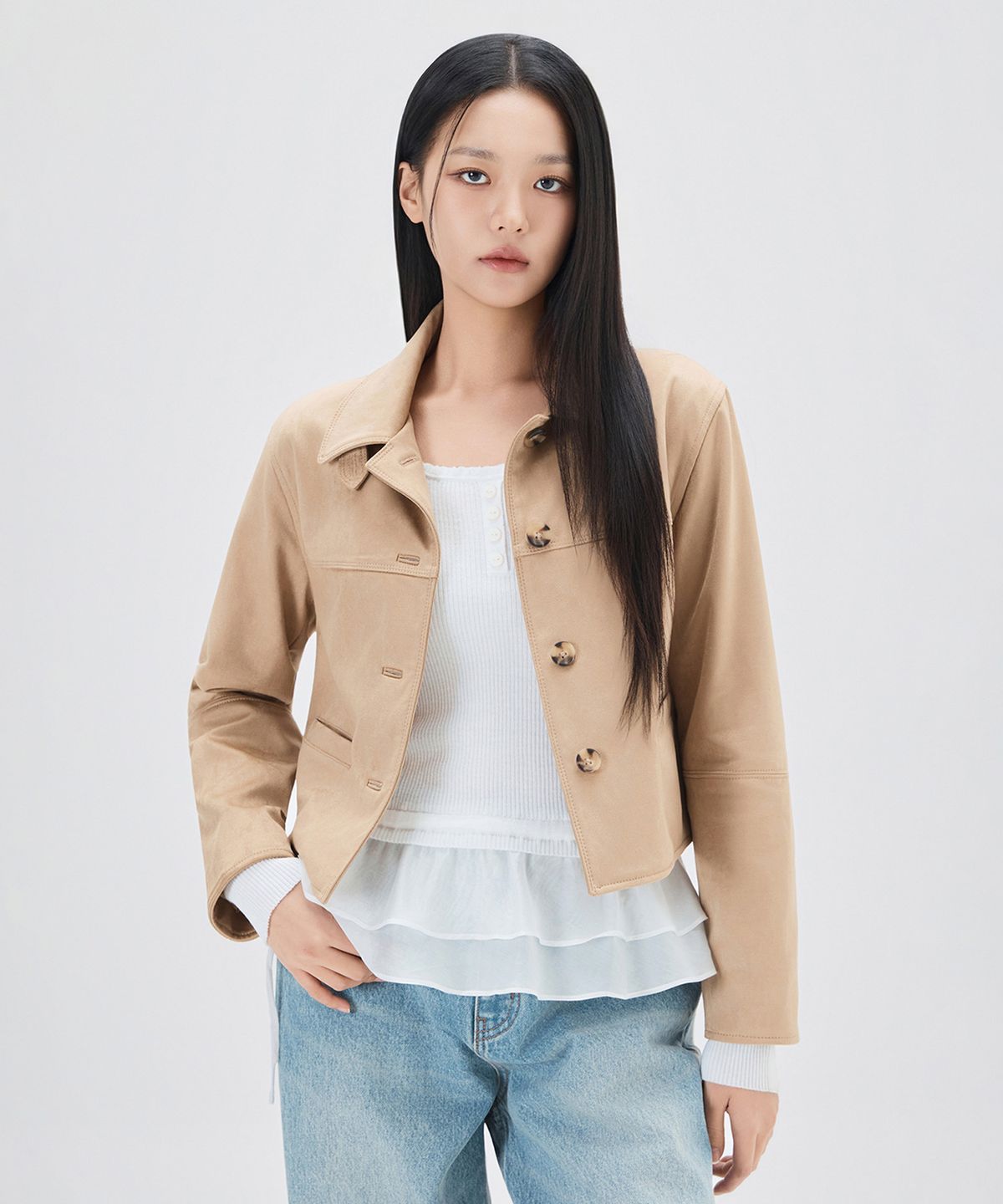미쏘(MIXXO) 버튼 페이크스웨이드자켓_MIWJLG336G