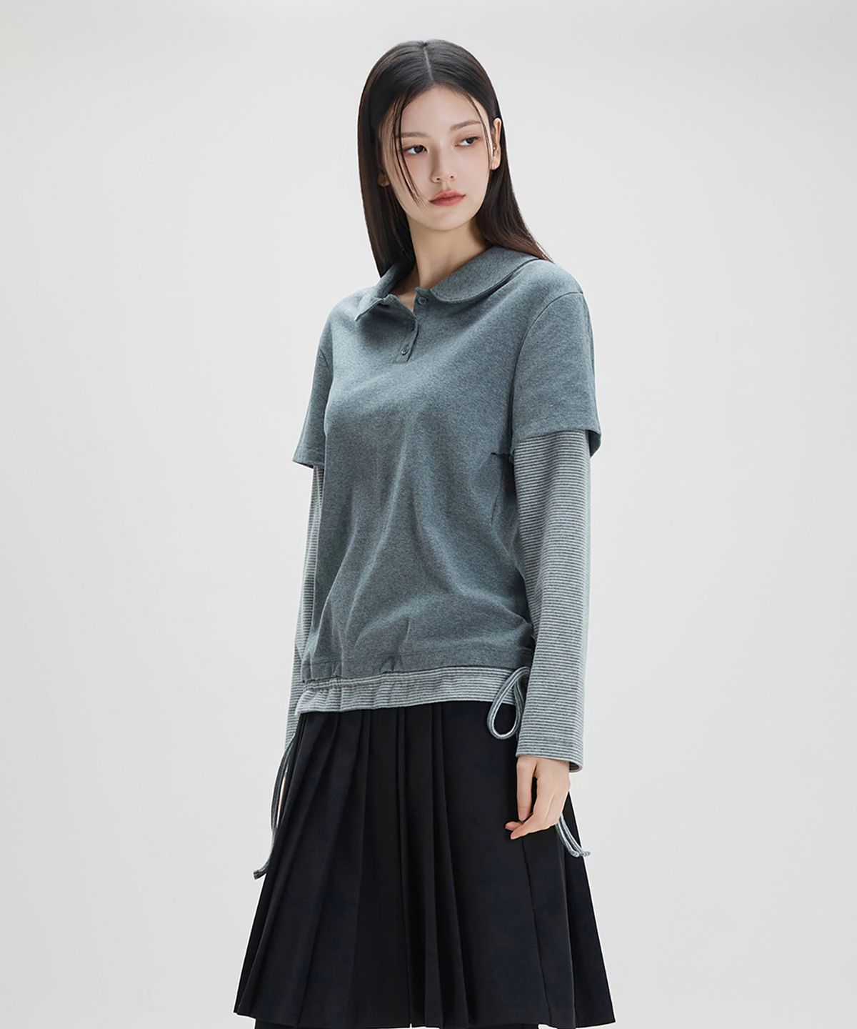 미쏘(MIXXO) 카라 스트라이프 레이어드 티셔츠 RE LWG239A_MIWLWG35QA