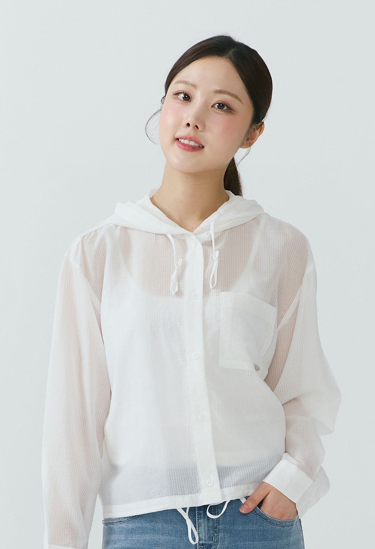 잠뱅이(JAMBANGEE) [26SS] 여성) 밑단 스트링 시어서커 세미오버핏 후드형 셔츠 AQ1WWU251-WH