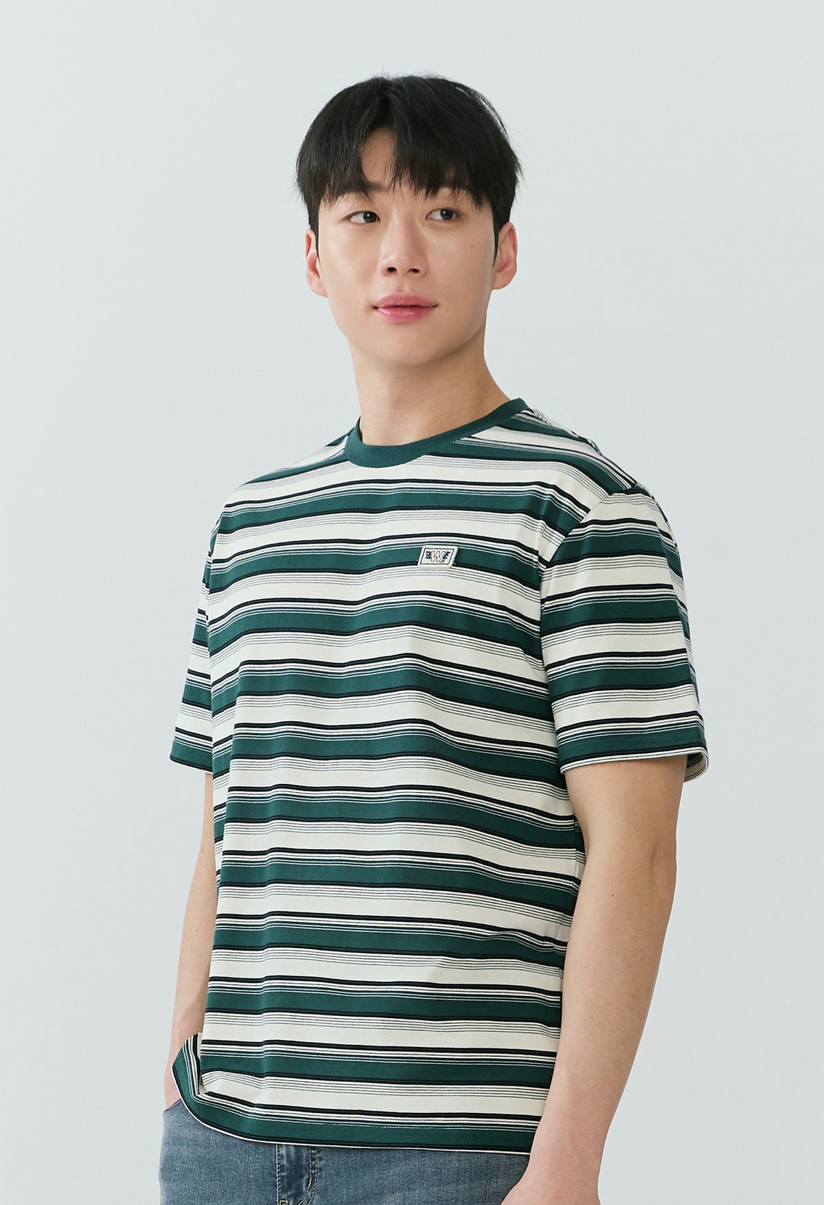 잠뱅이(JAMBANGEE) [26SS] 남성) 스트라이프 스몰 와펜 세미오버핏 반팔 티셔츠 AQ2WTS402-GR