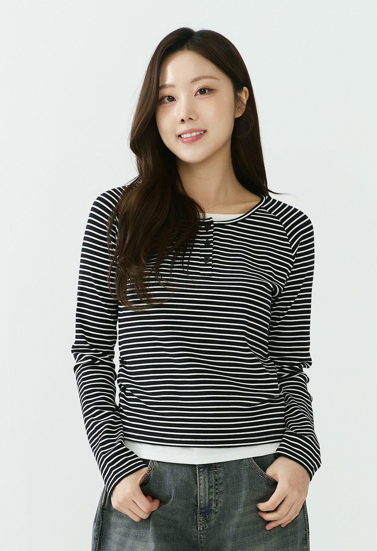 잠뱅이(JAMBANGEE) [26SS] 여성) 헨리넥 레이어드 골지 긴팔 티셔츠 AQ1WTL256-BV