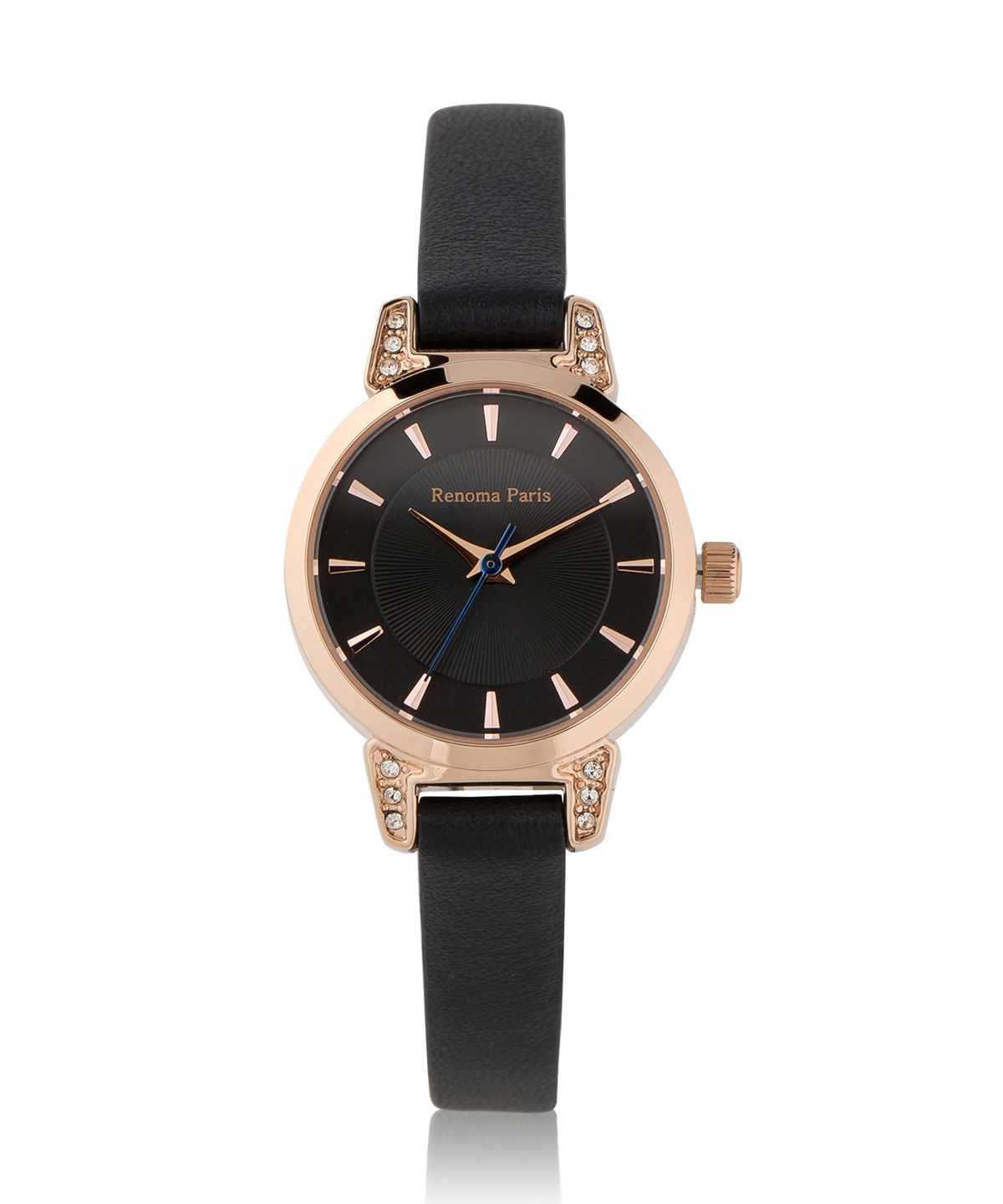 레노마 시계(RENOMA WATCH) 큐빅 바 인덱스 로즈골드 선레이 여성 가죽시계 RE485BK