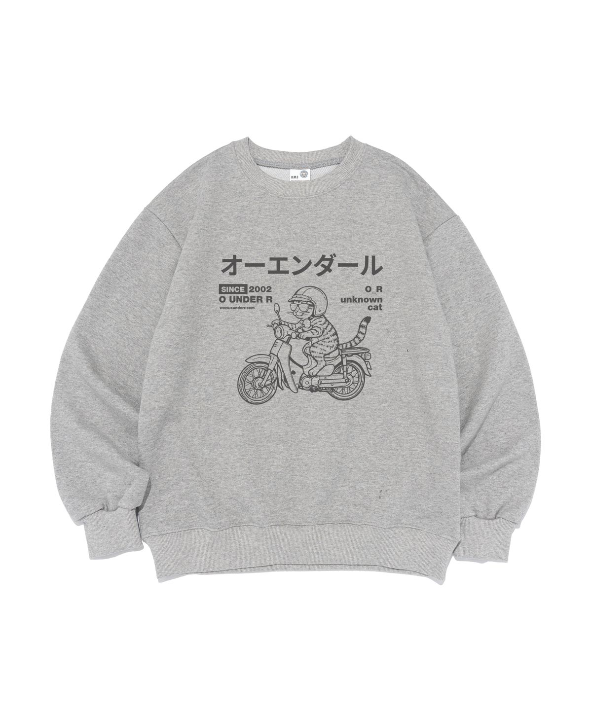 오언더알(OUNDERR) [기모선택] DRAW RIDING BIKE CAT 오버핏 맨투맨 (그레이)