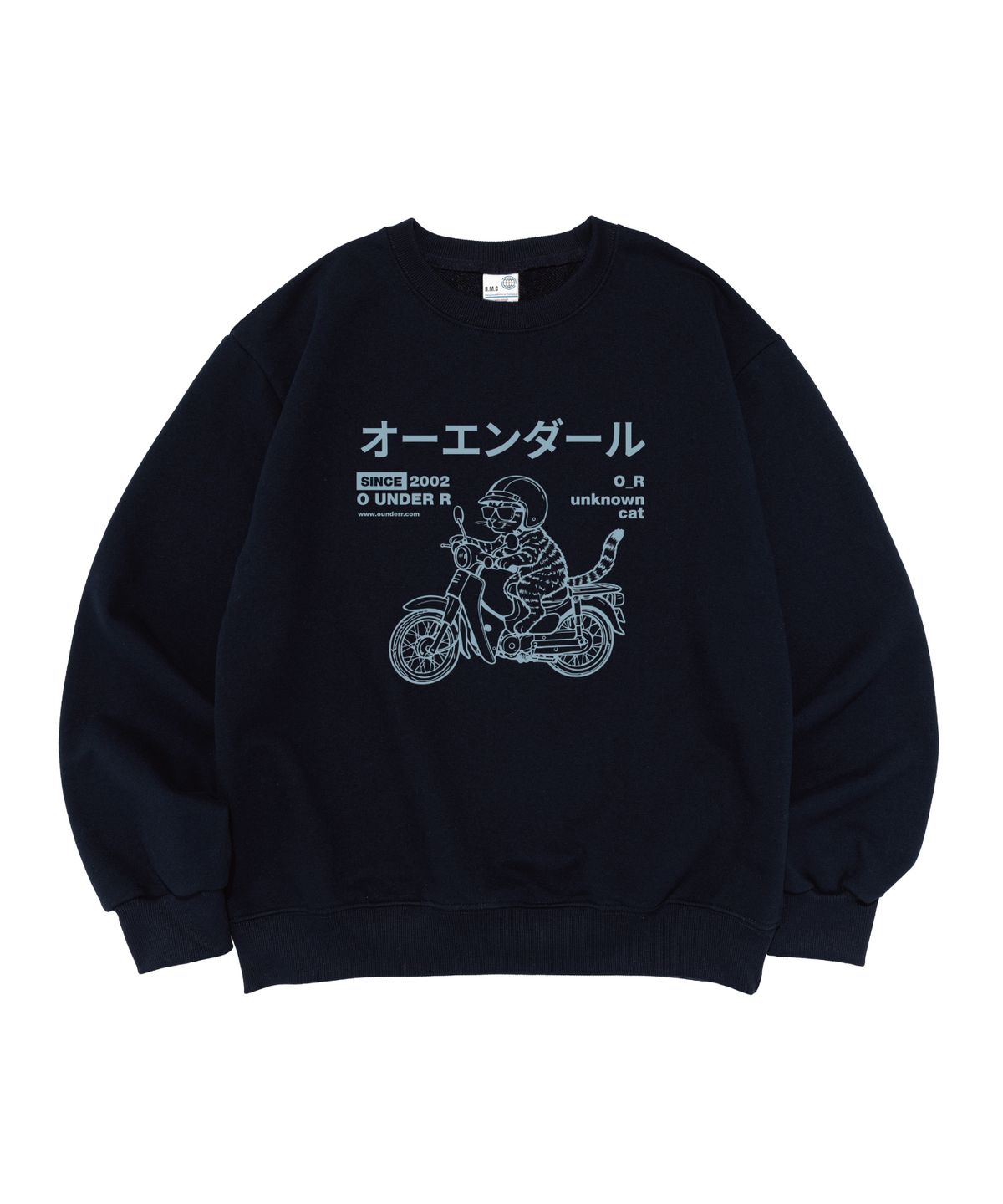 오언더알(OUNDERR) [기모선택] DRAW RIDING BIKE CAT 오버핏 맨투맨 (네이비)