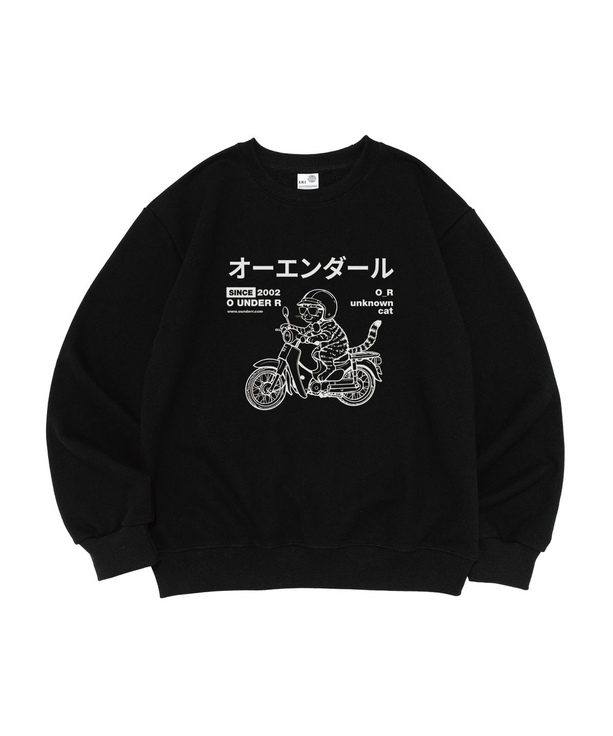 오언더알(OUNDERR) [기모선택] DRAW RIDING BIKE CAT 오버핏 맨투맨 (블랙)