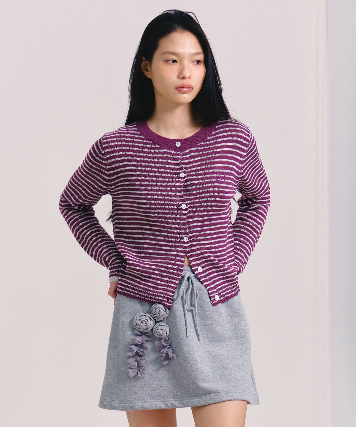 마가린핑거스(MARGARIN FINGERS) LOGO STRIPE CARDIGAN (PURPLE)