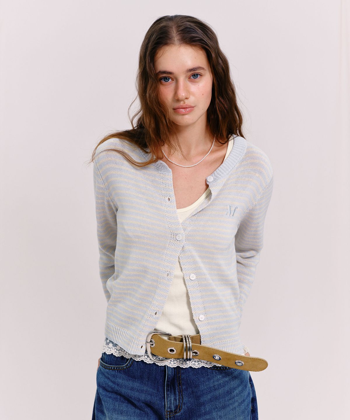 마가린핑거스(MARGARIN FINGERS) LOGO STRIPE CARDIGAN (LIGHT BLUE)