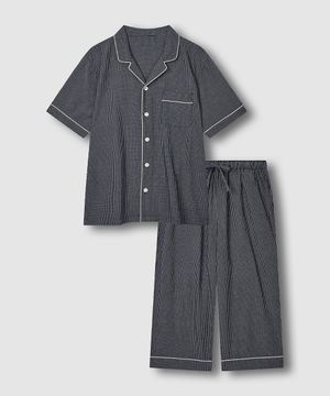 남 코튼 레이온 시어서커 7부 파자마 세트_라이트 네이비