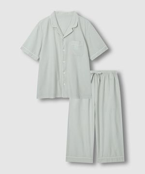 남 코튼 레이온 시어서커 7부 파자마 세트_라이트 민트 그레이