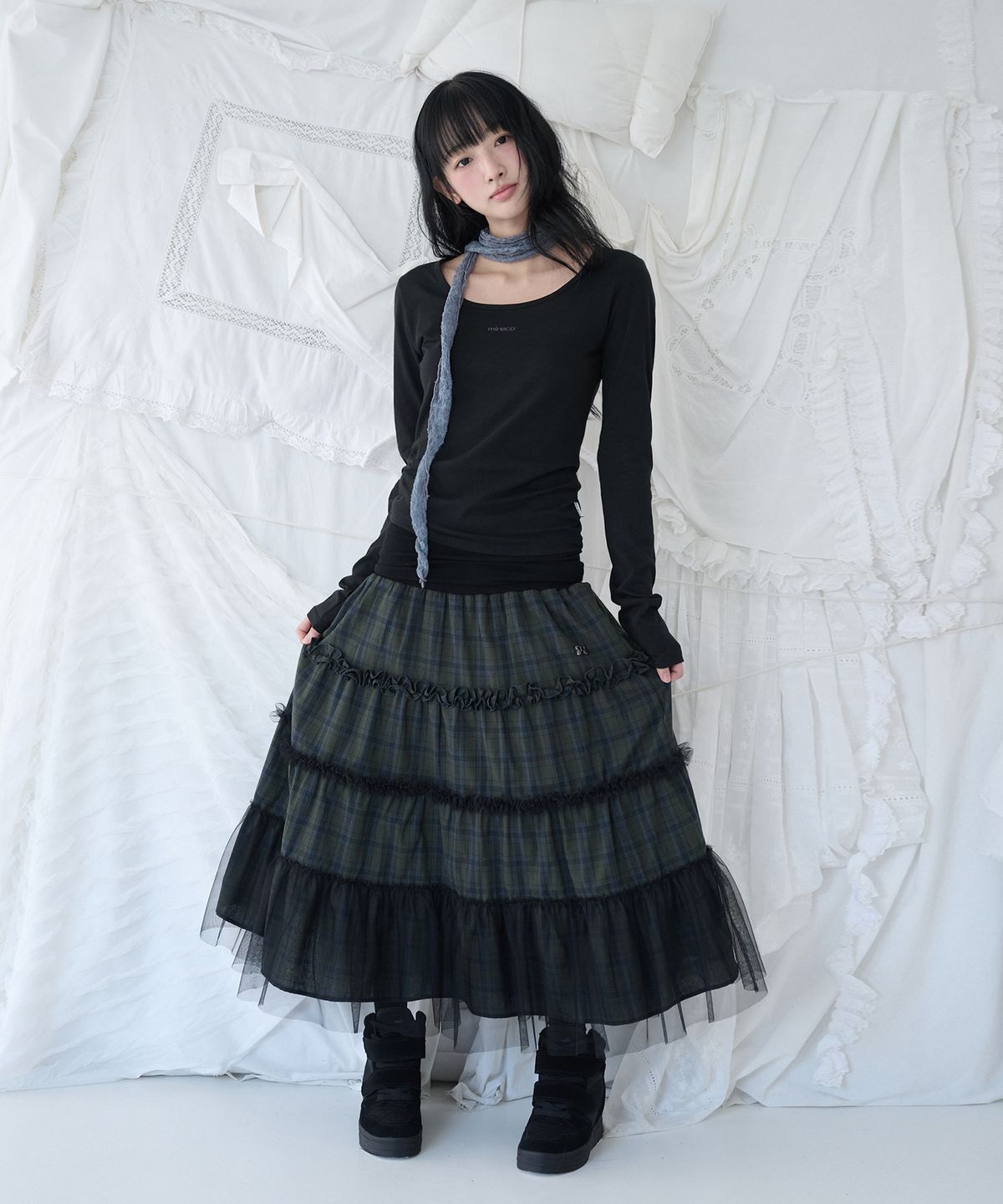 미레코(MIRECO) FOLDED CHECK FRILL MESH SK KHAKI