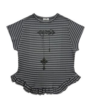 요들 고딕 스터드 프릴 포인텔 스트라이프 티셔츠_다크그레이