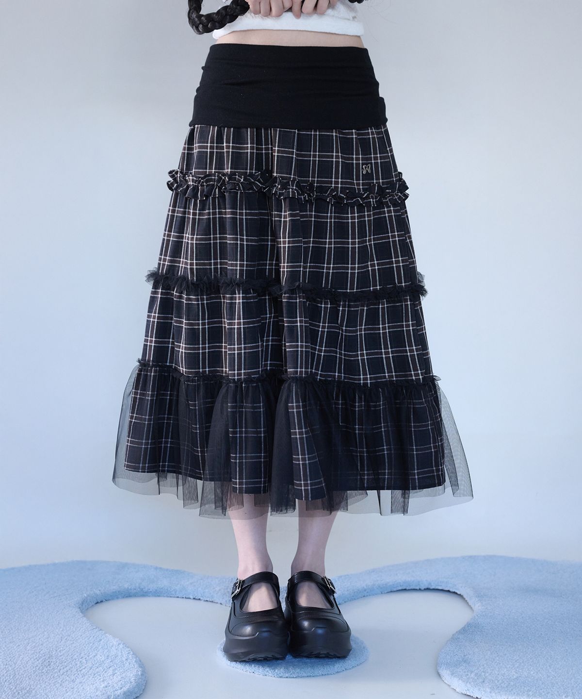 미레코(MIRECO) FOLDED CHECK FRILL MESH SK BLACK