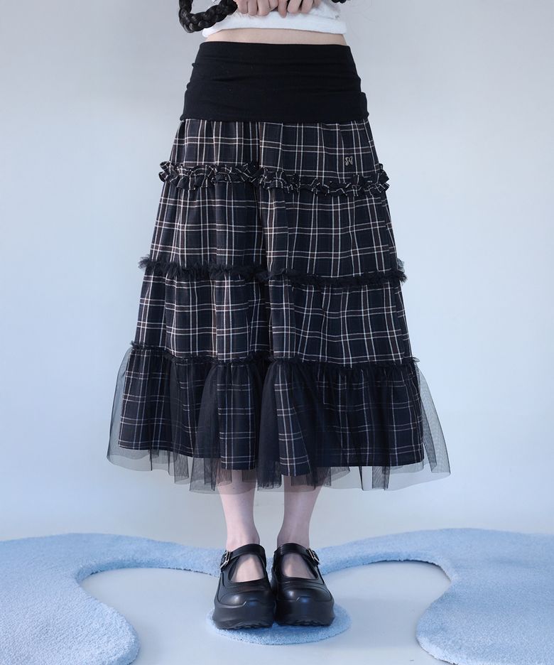 FOLDED CHECK FRILL MESH SK BLACK