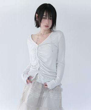 ASYMMETRIC SHIRRING LACE CARDIGAN DUSTY WHITE