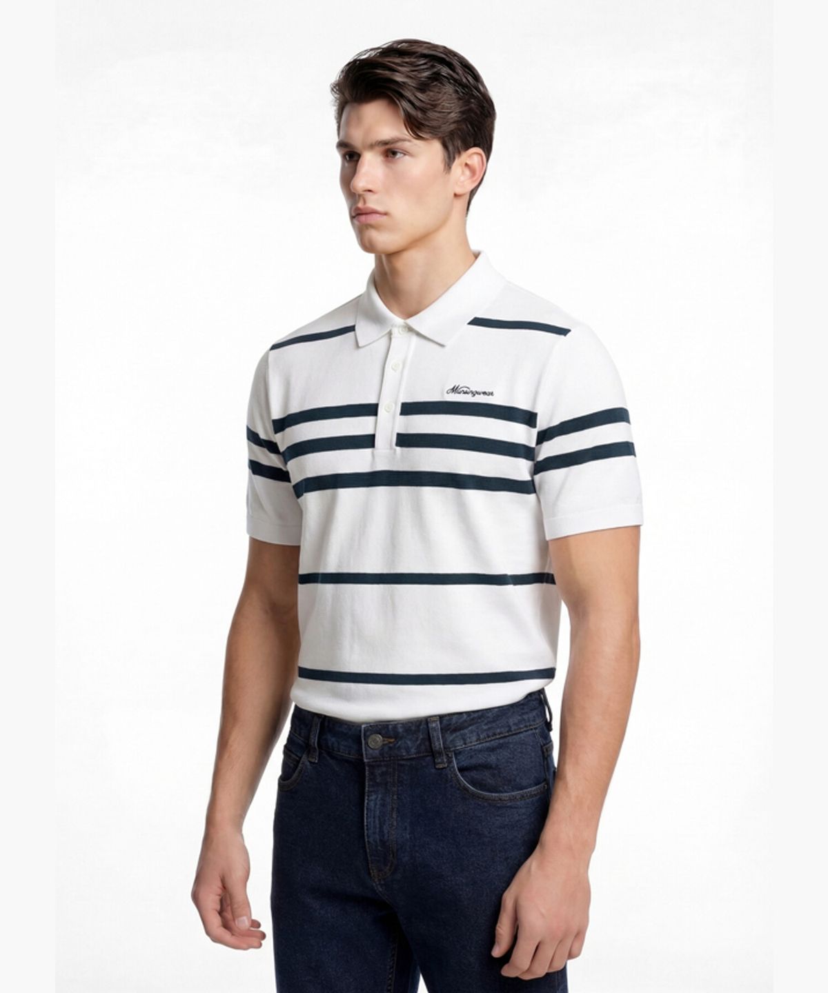 먼싱웨어(MUNSINGWEAR) 남성 스트라이프 반팔 스웨터 화이트 MR121MSW32