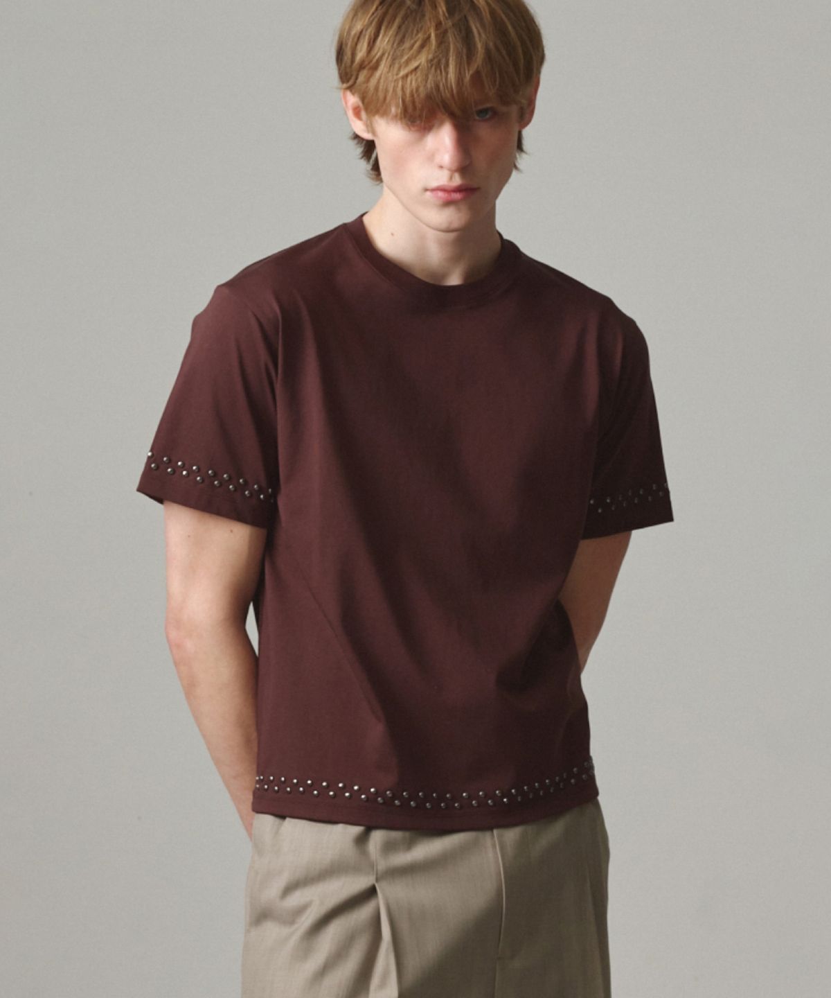 문선 아카이브(MOONSUN ARCHIVE) UNISEX, Stud Line Half T-Shirt / BROWN