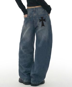 [UNISEX][UNISEX]DOT CROSS 자수 와이드커브드진_DARK BLUE