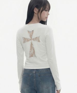 [UNISEX]LACE BACK CROSS U넥 롱슬리브_WHITE