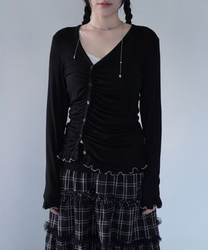 ASYMMETRIC SHIRRING LACE CARDIGAN BLACK
