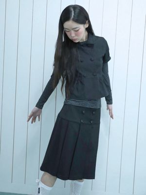 버튼 더블 플리츠 미디 스커트(블랙)
