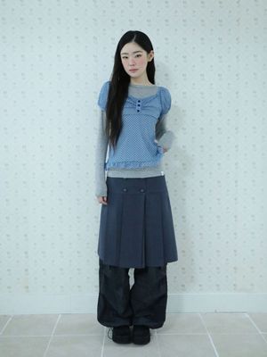 버튼 더블 플리츠 미디 스커트(네이비)