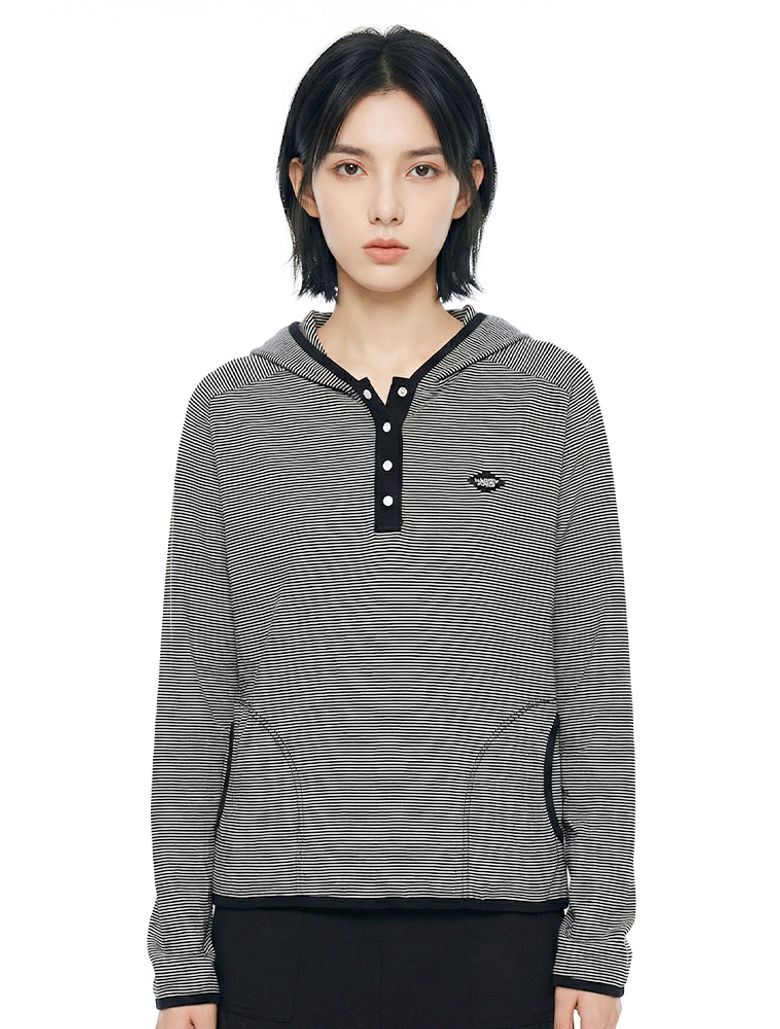 MARK STRIPE HENLEY NECK LONG SLEEVE HOODIE BLACK(FCG1TS687M)