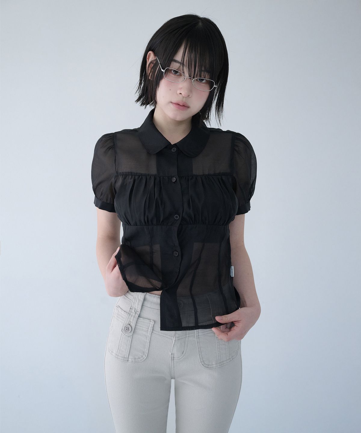 미레코(MIRECO) SHIRRING SHEER BLOUSE BLACK