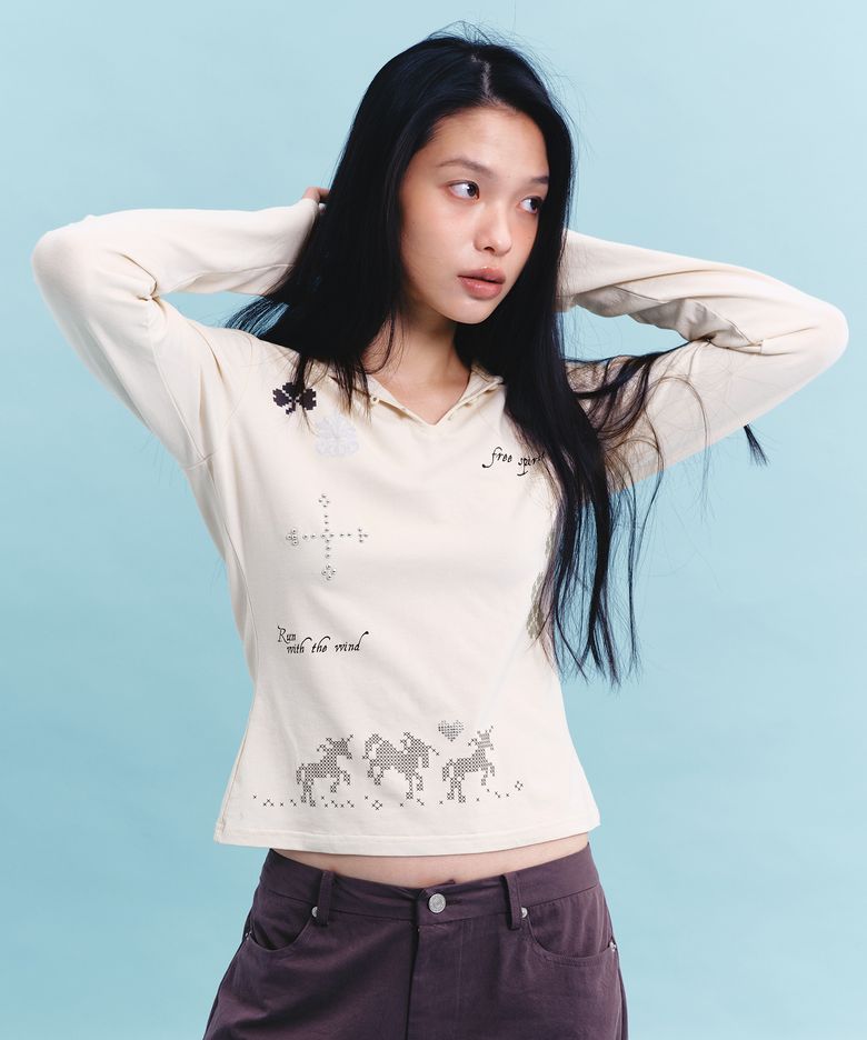 UNICORN CLOVER HOODED T-SHIRT  (BEIGE)