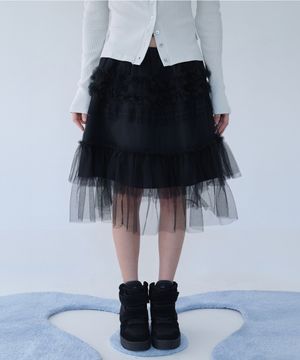 TULLE FRILL MIDI SKIRT BLACK
