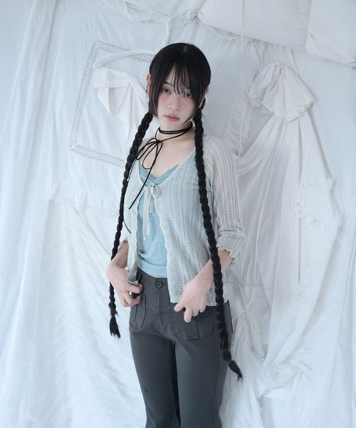 미레코(MIRECO) 3/4 LACE KNIT CARDIGAN MISTY MINT