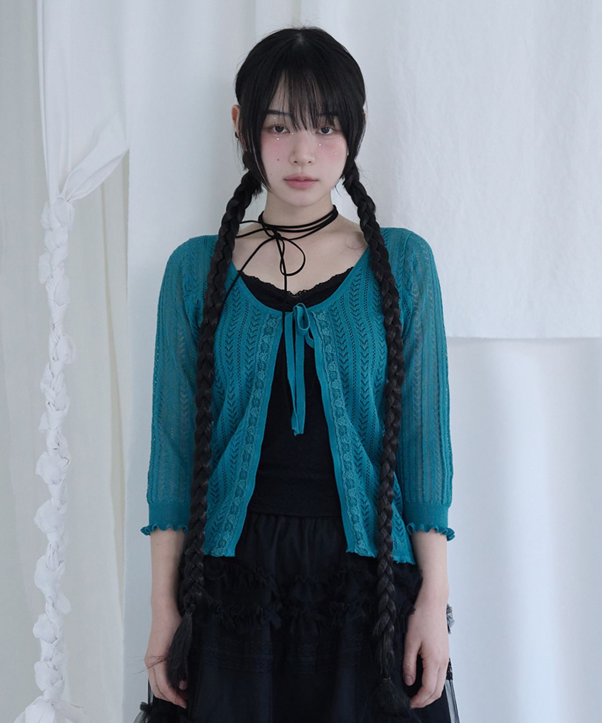 미레코(MIRECO) 3/4 LACE KNIT CARDIGAN TURQUOISE