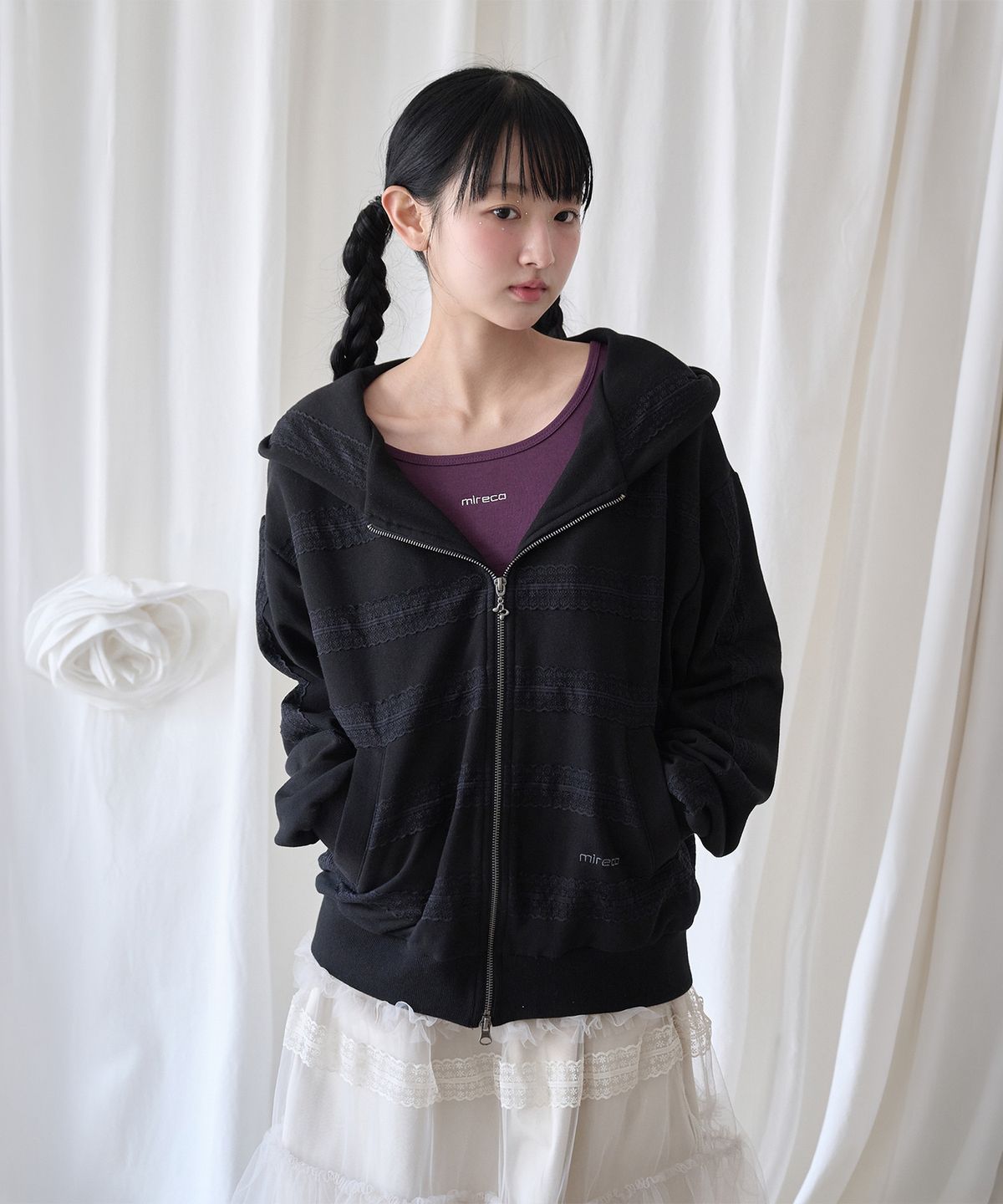 미레코(MIRECO) LACED TWOFOLD HOOD ZIP-UP BLACK