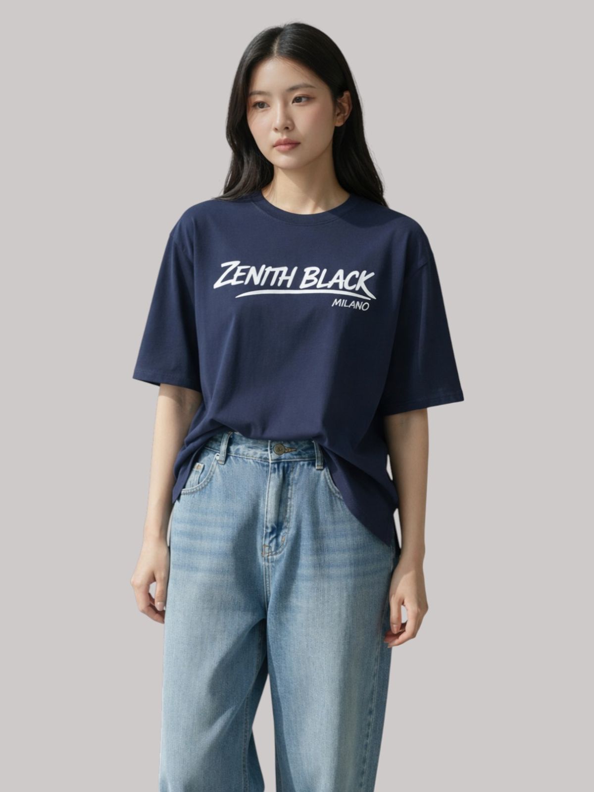 지블랙(ZBLACK) 제니스 블랙 언더라인 밀라노 오버핏 반팔 NAVY