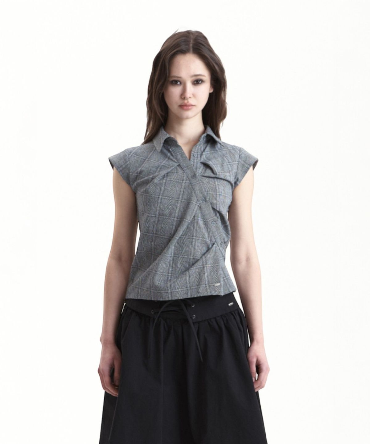 시너진(SYNERJYN) CHECK UNBALANCED PINTUCK SHIRT BLACK