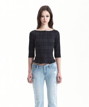 CHECK FRILL LONG SLEEVE BLACK