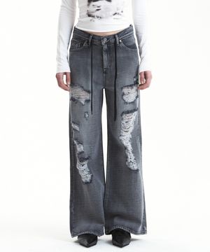 DRAWSTRING DISTRESSED DENIM PANTS GRAY