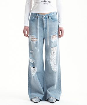DRAWSTRING DISTRESSED DENIM PANTS LIHGT BLUE
