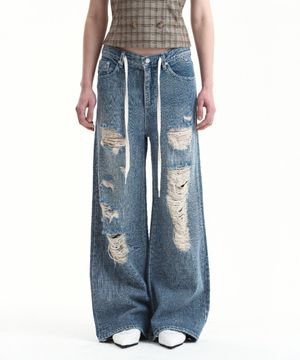 DRAWSTRING DISTRESSED DENIM PANTS VINTAGE BLUE