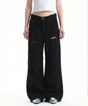 DRAWSTRING DISTRESSED DENIM PANTS BLACK