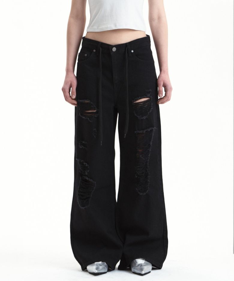 DRAWSTRING DISTRESSED DENIM PANTS BLACK