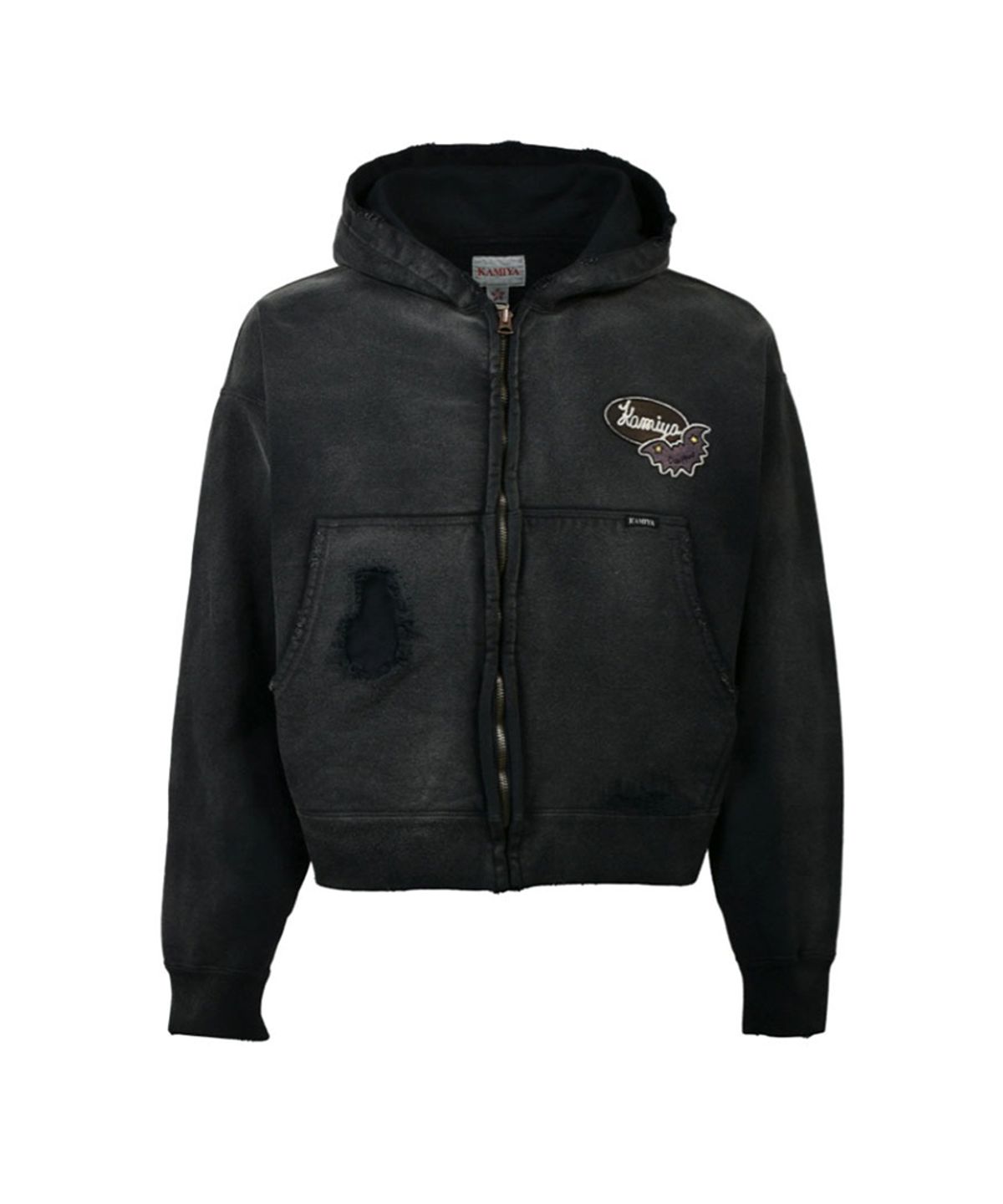 카미야(KAMIYA) Repaired Name Patch Zip Short Hoodie - BLACK